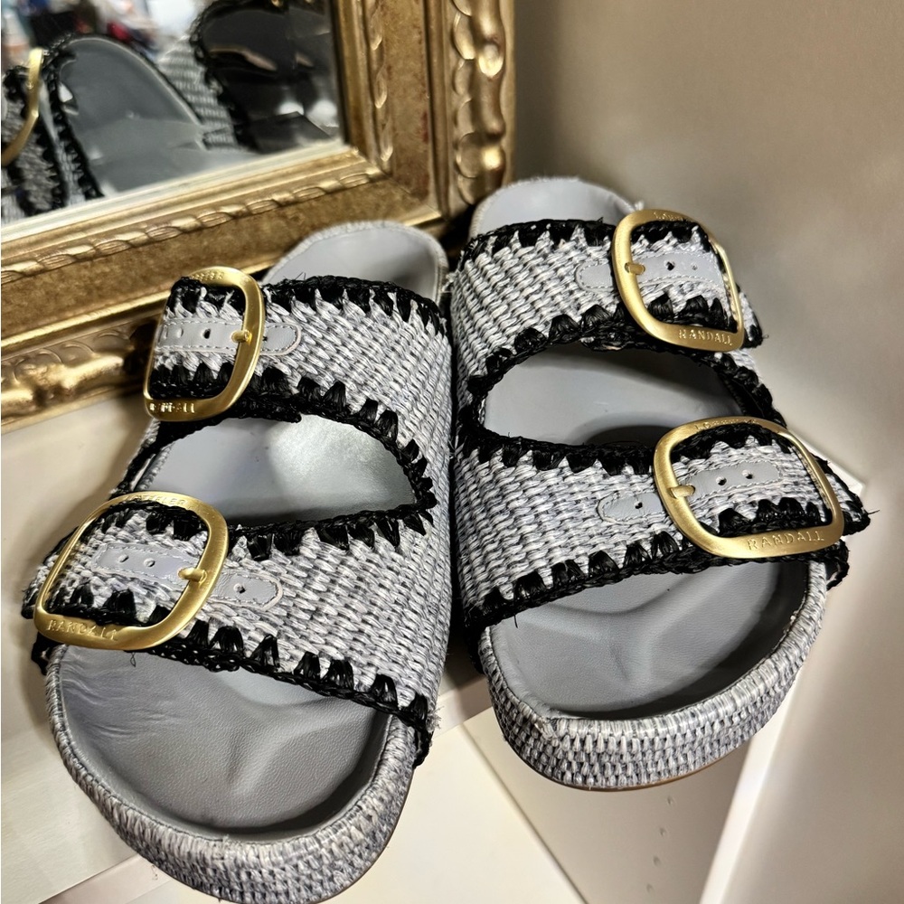 Chic Blue and White Sandals with Gold Accents. No box.
